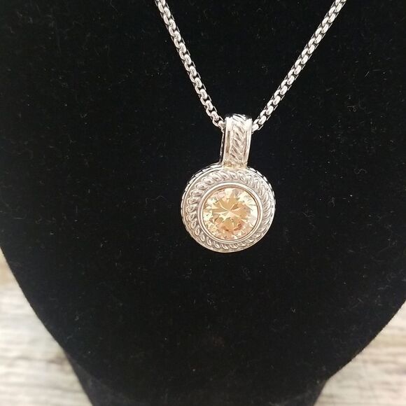 Silvertone Pendant Necklace With Topaz Colored Stone - Picture 1 of 8